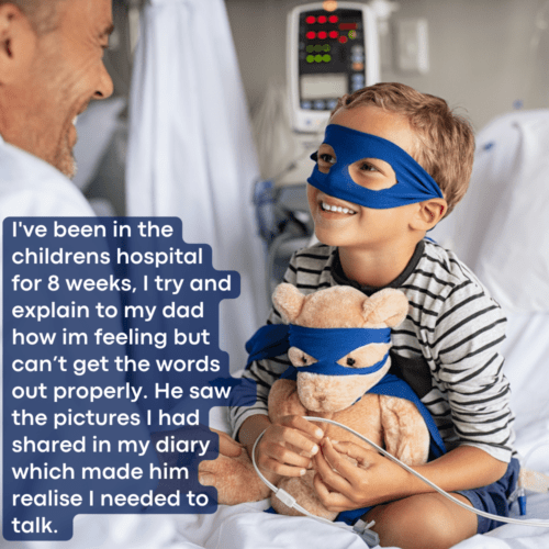Boy in hospital with text that says - I've been in the childrens hospital for 8 weeks, I try and explain to my dad how im feeling but can’t get the words out properly. He saw the pictures I had shared in my diary which made him realise I needed to talk.